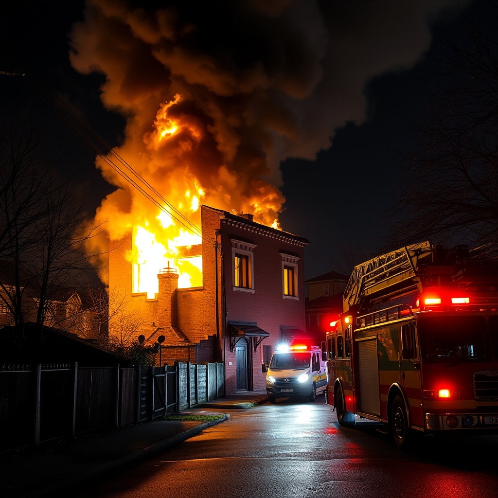 Abandoned structure consumed by midnight blaze as fire reaches upward